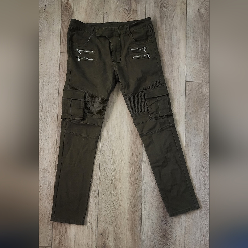Hengao Green skinny moto jeans with cargo pockets size 34